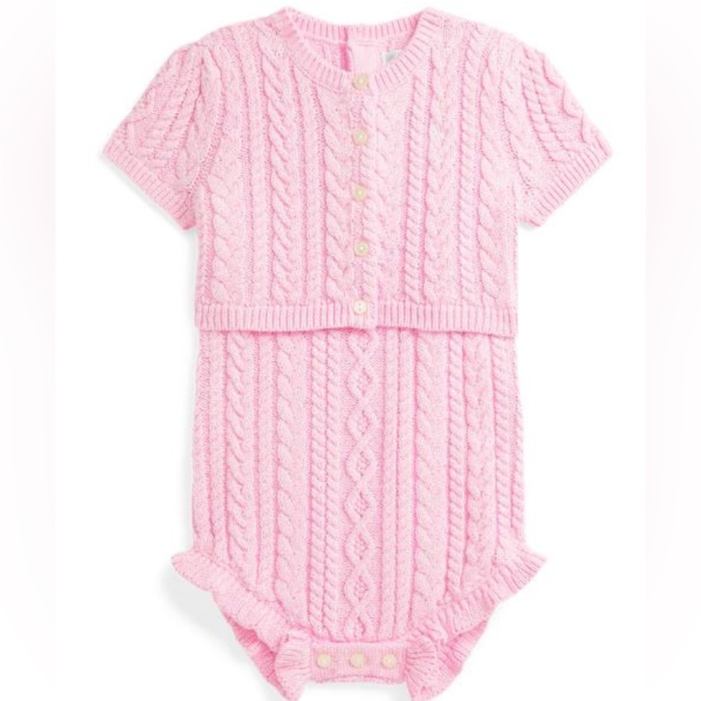 NWT RALPH LAUREN BABY SLEEVELESS COTTON SWEATER SHORTALL & MATCHING CARDIGAN
